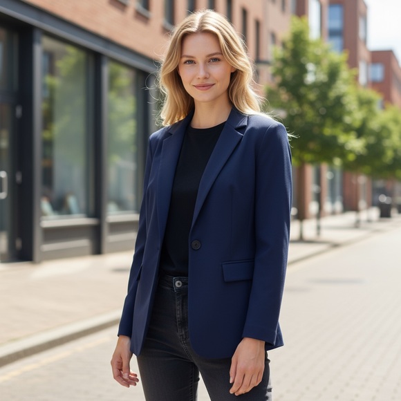 Halogen Jackets & Blazers - Halogen Navy Blue Blazer Women’s Medium Stretch Career Work Jacket Single Button